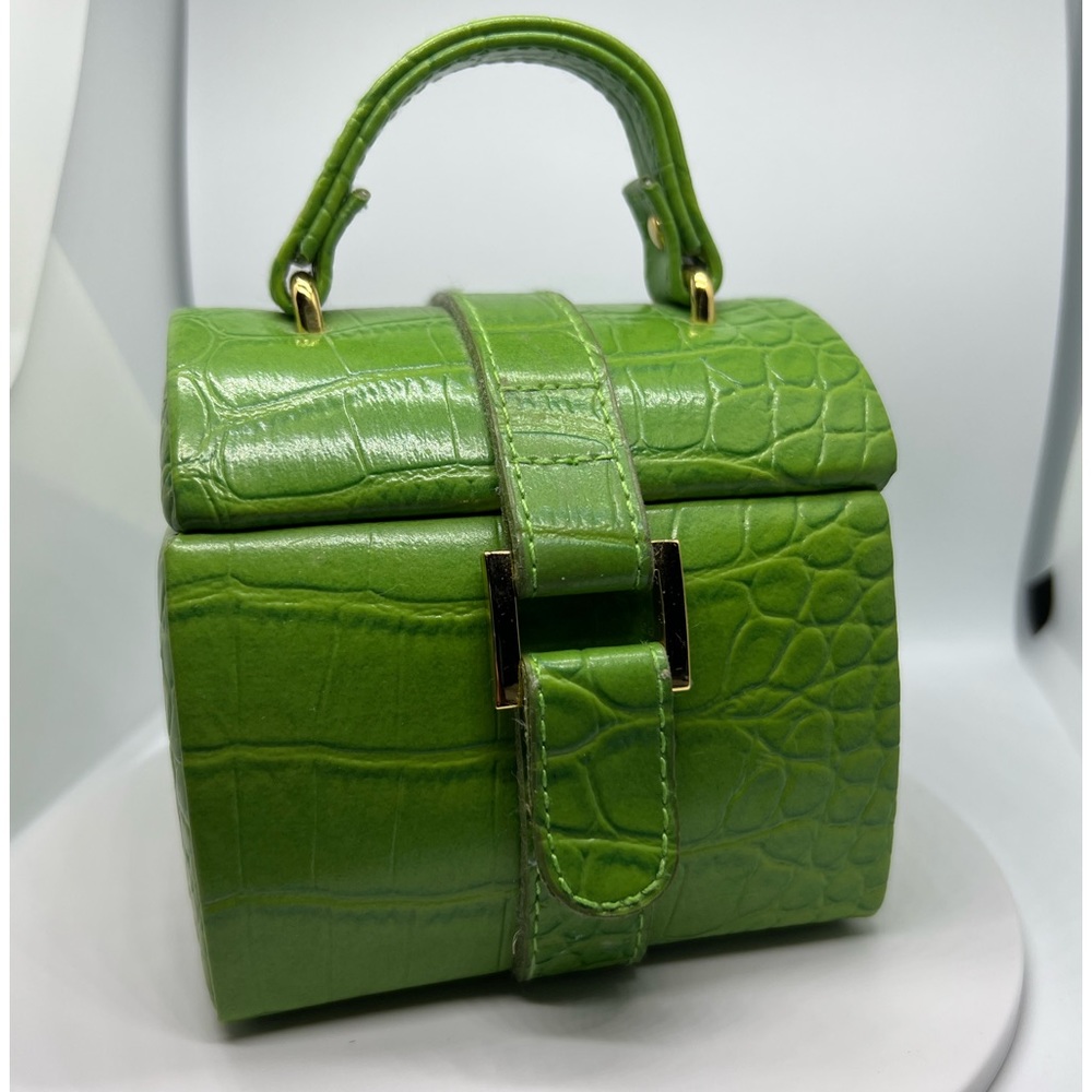 Green crocodile print small jewelry travel purse with mini mirror & tray